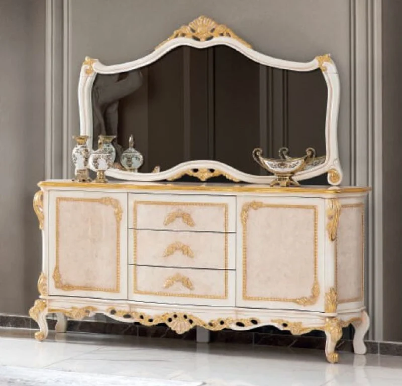 Casa Padrino Luxus Barock Möbel Set Sideboard mit Spiegel Beige / Weiß / Gold - Prunkvoller Massivholz Schrank mit elegantem Wandspiegel - Möbel im Barockstil