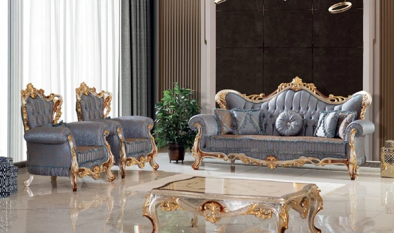 Casa Padrino Luxus Barock Wohnzimmer Set Blau / Kupfer / Silber / Braun / Gold - 2 Sofas & 2 Sessel & 1 Couchtisch - Handgefertigte Wohnzimmer Möbel im Barockstil - Edel & Prunkvoll