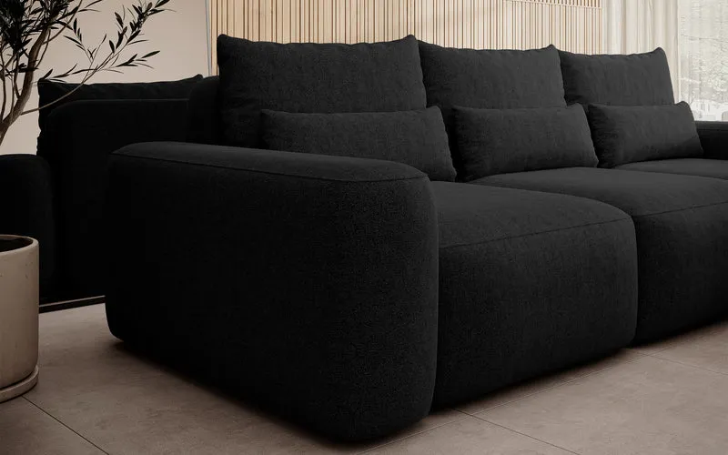 Ecksofa mit Schlaffunktion Carnos, L-förmig, mit zusätzlichen Lendenkissen, schwarzer hydrophober Chenille, rechtsseitig