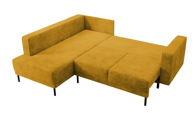 Ecksofa Rodario mit Schlafunktion und Bettkasten, senfgelber Cord, linksseitig