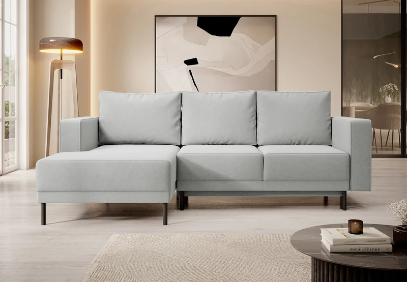 Ecksofa mit Schlaffunktion Rodario mini, L-förmig, mit Stauraum, grau, pflegeleichter Samt, linksseitig