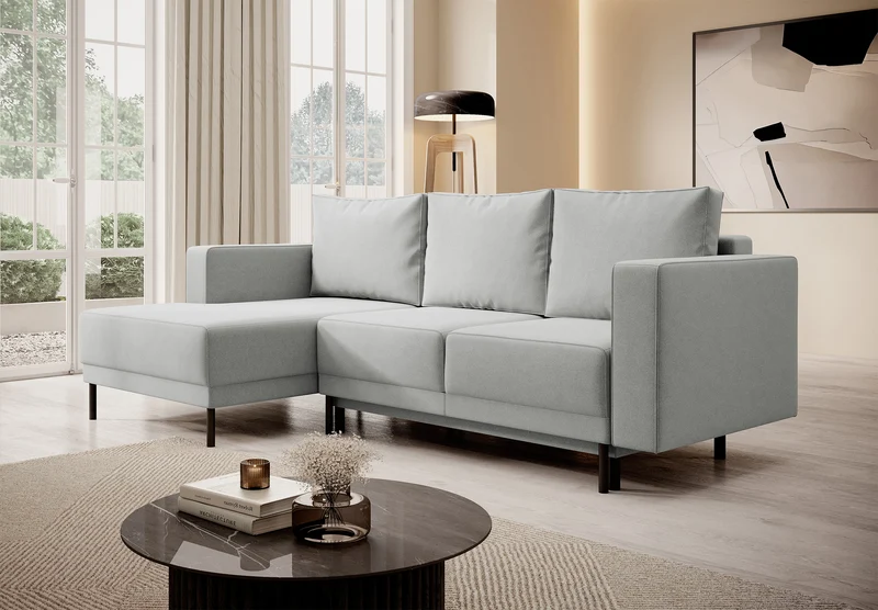 Ecksofa mit Schlaffunktion Rodario mini, L-förmig, mit Stauraum, grau, pflegeleichter Samt, linksseitig
