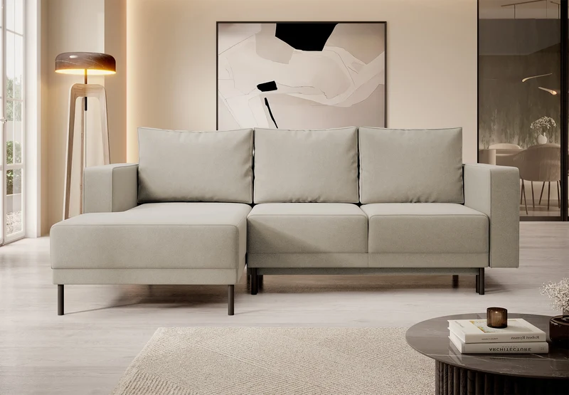 Ecksofa mit Schlaffunktion Rodario Mini, L-förmig, mit Stauraum, beige, samt, leicht zu reinigen, linksseitig