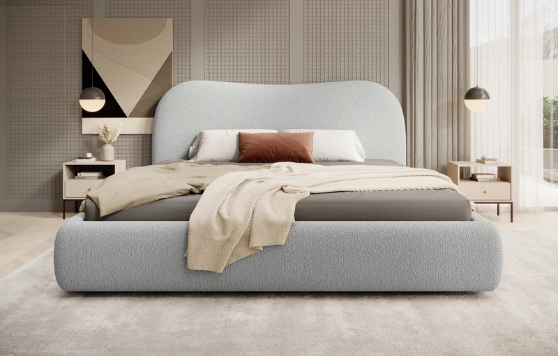 Gepolstertes Simsalo Bett 180x200 cm mit Stauraum, grauer Bouclé-Stoff