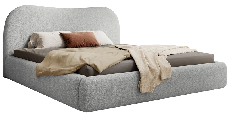 Gepolstertes Simsalo Bett 140x200 cm mit Stauraum, grauer Bouclé-Stoff