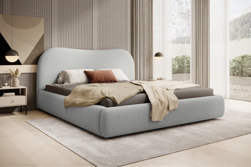 Gepolstertes Simsalo Bett 140x200 cm mit Stauraum, grauer Bouclé-Stoff