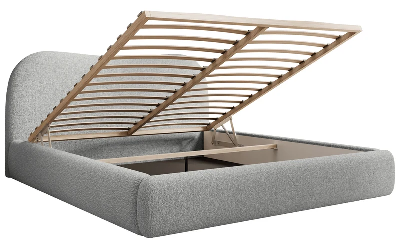 Gepolstertes Simsalo Bett 140x200 cm mit Stauraum, grauer Bouclé-Stoff