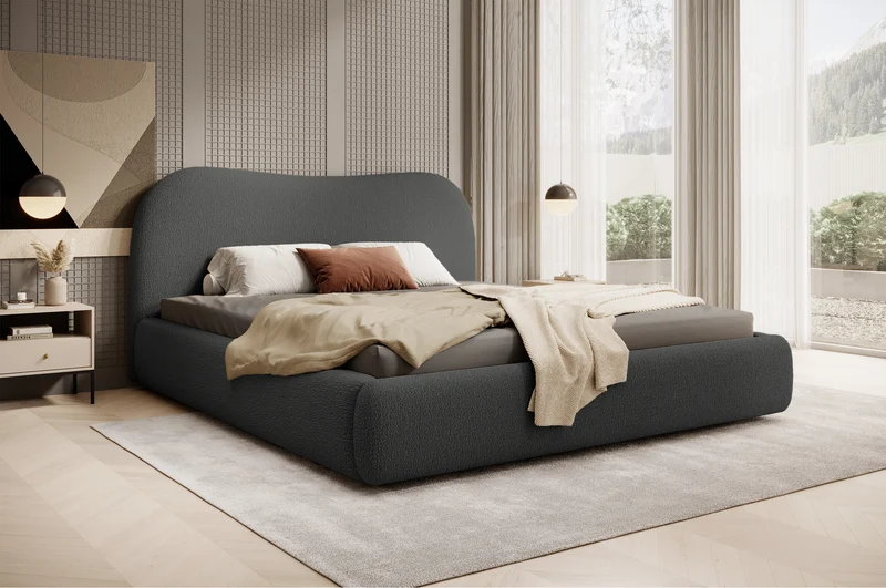 Gepolstertes Simsalo Bett 160x200 cm mit Stauraum, graphitfarbenes Bouclé
