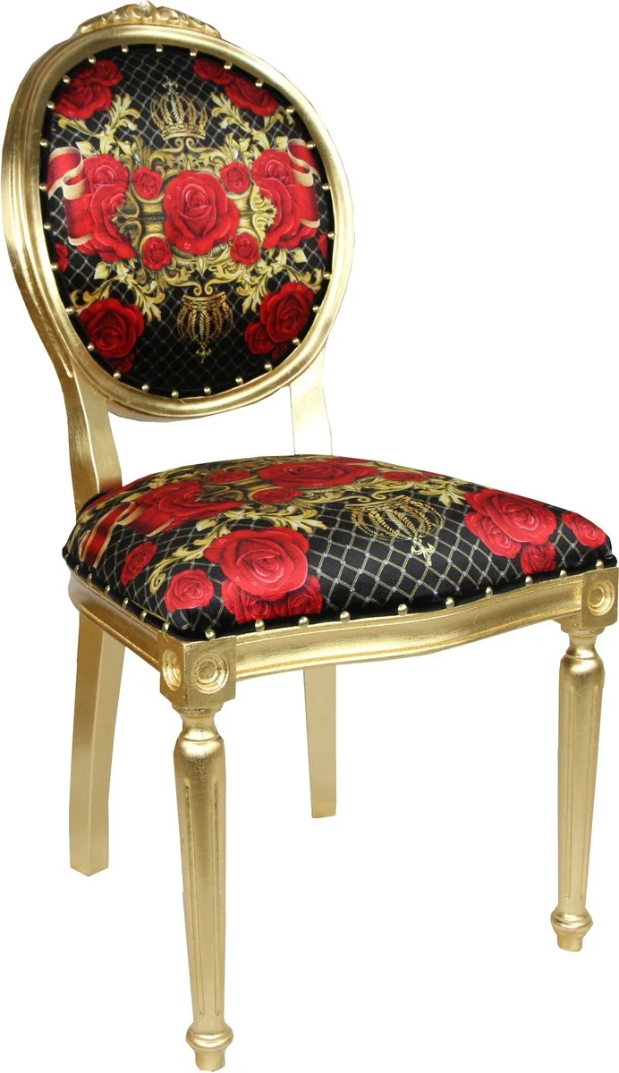 Pompöös by Casa Padrino Luxus Barock Esszimmer Stuhl Rosen Schwarz / Rot / Gold - Rosen - Pompööser Barock Stuhl designed by Harald Glööckler