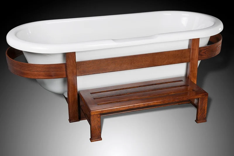 Casa Padrino Luxus Retro Badewanne Weiß / Dunkelbraun 178 x 76 x H. 73 cm - Freistehende Badewanne mit Holzrahmen und Stufe - Retro Badezimmer Möbel