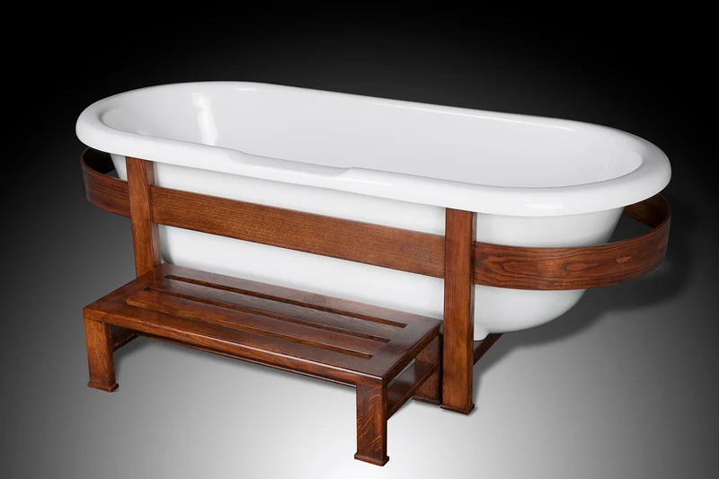 Casa Padrino Luxus Retro Badewanne Weiß / Dunkelbraun 178 x 76 x H. 73 cm - Freistehende Badewanne mit Holzrahmen und Stufe - Retro Badezimmer Möbel