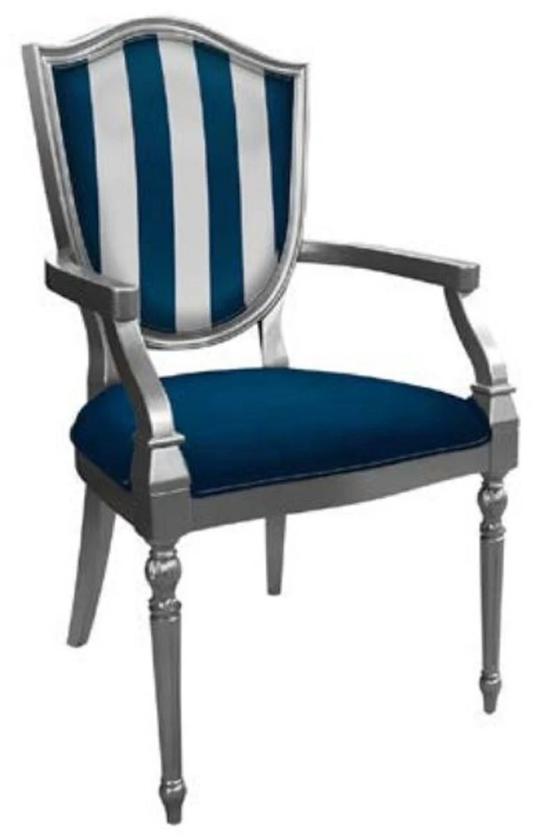 Casa Padrino Art Deco Esszimmerstuhl Blau / Silber - Gestreifter Massivholz Stuhl mit Armlehnen - Art Deco Esszimmer Möbel