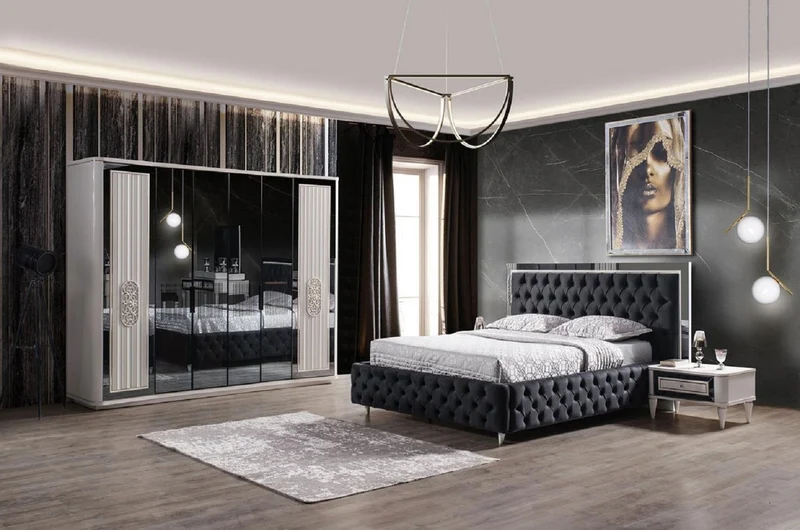 Casa Padrino Luxus Schlafzimmer Set Dunkelgrau / Weiß - 1 Doppelbett mit Kopfteil & 2 Nachttische - Schlafzimmer Möbel - Luxus Kollektion