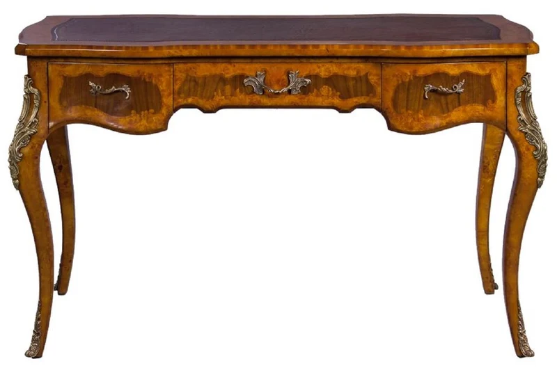 Casa Padrino Luxus Barock Schreibtisch Hellbraun / Dunkelbraun / Rot - Handgefertigter Massivholz Sekretär mit 3 Schubladen - Edle Barock Büro Möbel