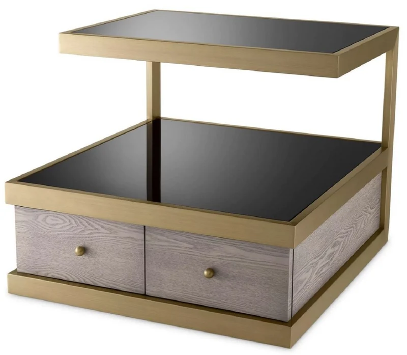 Casa Padrino Luxus Beistelltisch Messing / Grau / Schwarz 70 x 75 x H. 58 cm - Wohnzimmer Beistelltisch mit 2 Schubladen und 2 Glasplatten - Wohnzimmer Möbel - Luxus Möbel - Luxus Einrichtung