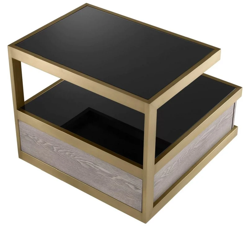 Casa Padrino Luxus Beistelltisch Messing / Grau / Schwarz 70 x 75 x H. 58 cm - Wohnzimmer Beistelltisch mit 2 Schubladen und 2 Glasplatten - Wohnzimmer Möbel - Luxus Möbel - Luxus Einrichtung