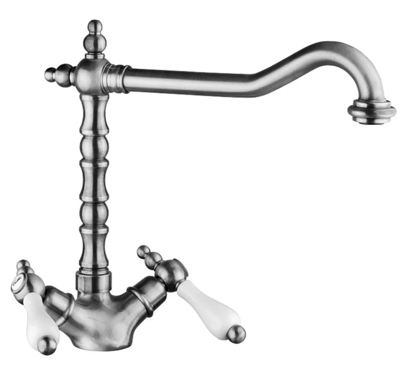 Casa Padrino Jugendstil Spültischarmatur Zweihebelmischer Silber / Weiß H. 26,5 cm - Luxus Armatur für die Küche