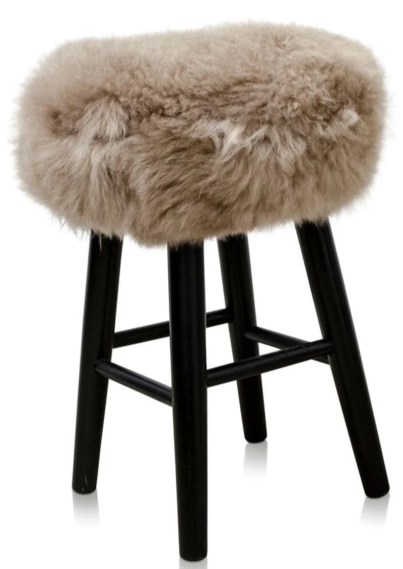 Casa Padrino Luxus Sitzhocker Cappucino / Schwarz Ø 40 x H. 57 cm - Hocker mit echtem Schafsfell