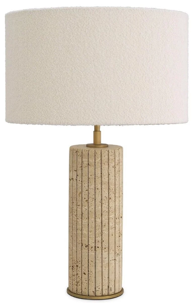 Casa Padrino Luxus Tischleuchte Beige / Antik Messing / Creme Ø 40 x H. 64 cm - Travertin Schreibtischleuchte mit rundem Lampenschirm - Luxus Tischleuchten - Luxus Leuchten - Luxus Möbel