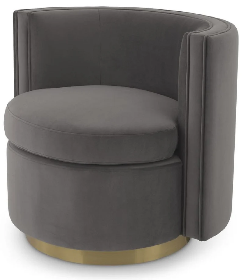 Casa Padrino Luxus Drehsessel Grau / Matt Gold 80 x 73 x H. 71,5 cm - Gepolsteter Wohnzimmer Sessel mit edlem Samtstoff - Luxus Möbel