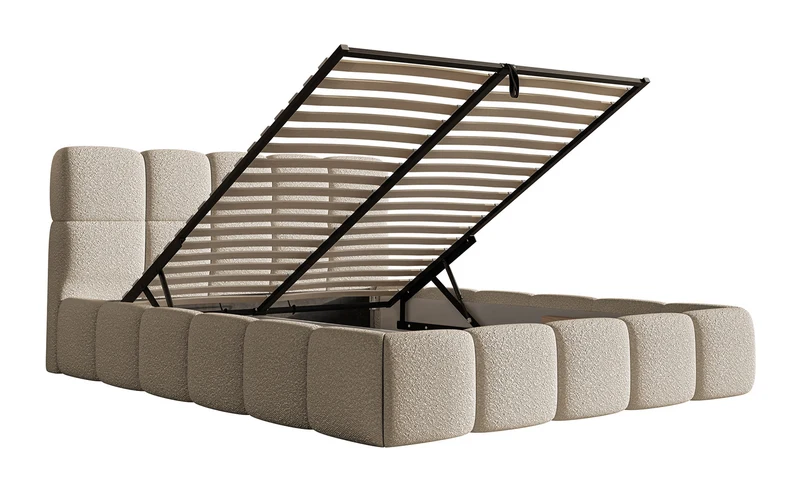 Gepolstertes Bett 200x200 cm Cloudy mit Stauraum, hellbeiges Bouclé