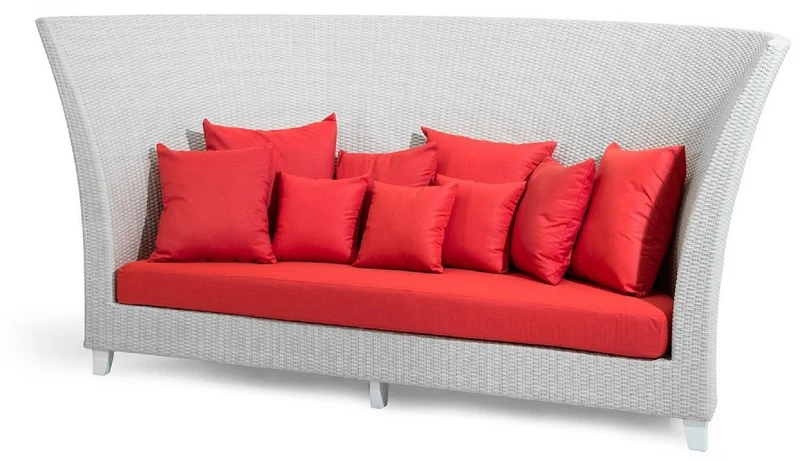 Casa Padrino Luxus Gartensofa Weiß / Rot 277 x 123 x H. 133 cm - Handgewebtes Wetterbeständiges Hochlehn Sofa mit Kissen - Moderne Garten Möbel - Hotel Möbel
