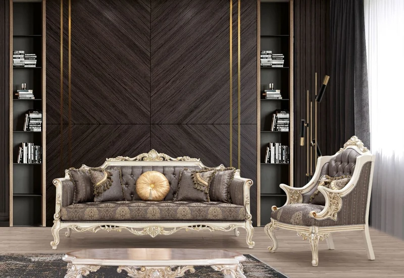 Casa Padrino Luxus Barock Wohnzimmer Set Grau / Braun / Weiß / Gold / Silber - 2 Sofas & 2 Sessel & 1 Couchtisch - Handgefertigte Barock Wohnzimmer Möbel - Edel & Prunkvoll