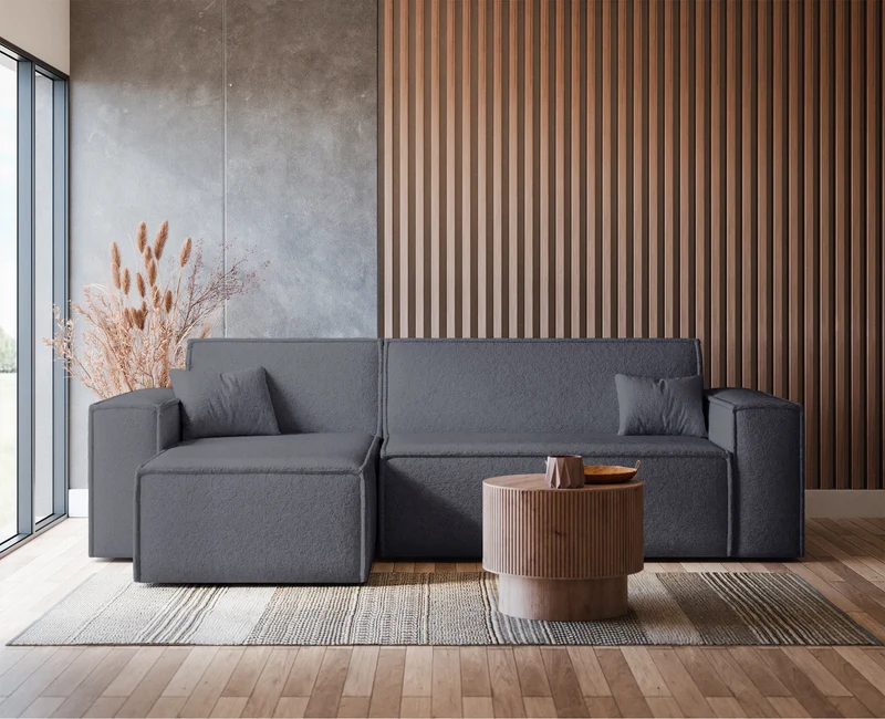 Ecksofa mit Schlaffunktion Scarlo, universell L-förmig, mit Stauraum, dunkelgrauer Bouclé-Stoff
