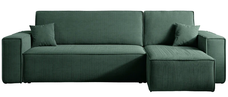 Ecksofa mit Schlaffunktion Scarlo, L-förmig, mit Stauraum, universell, dunkelgrüner Cordstoff