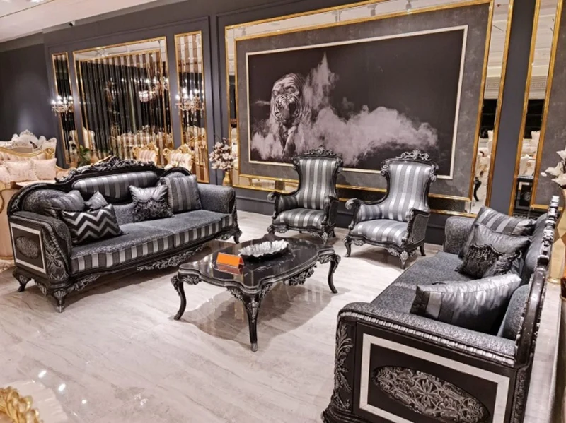 Casa Padrino Luxus Barock Sessel Silber / Grau / Schwarz / Silber - Handgefertigter Barockstil Wohnzimmer Sessel mit Streifen - Barock Wohnzimmer Möbel - Edel & Prunkvoll