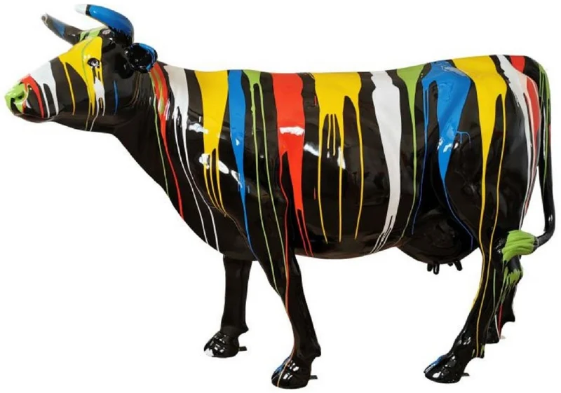 Casa Padrino Luxus Deko Skulptur Kuh Schwarz / Mehrfarbig 210 x 55 x H. 147 cm - Riesige Gartenskulptur - Lebensgroße Skulptur - XXL Deko Skulptur - XXL Deko Figur - XXL Tierfigur - Deko Tierfigur