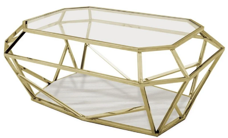 Casa Padrino Luxus Couchtisch Gold / Weiß 100 x 70 x H. 41 cm - Moderner Wohnzimmertisch mit Glas & Marmorplatte - Wohnzimmer Möbel