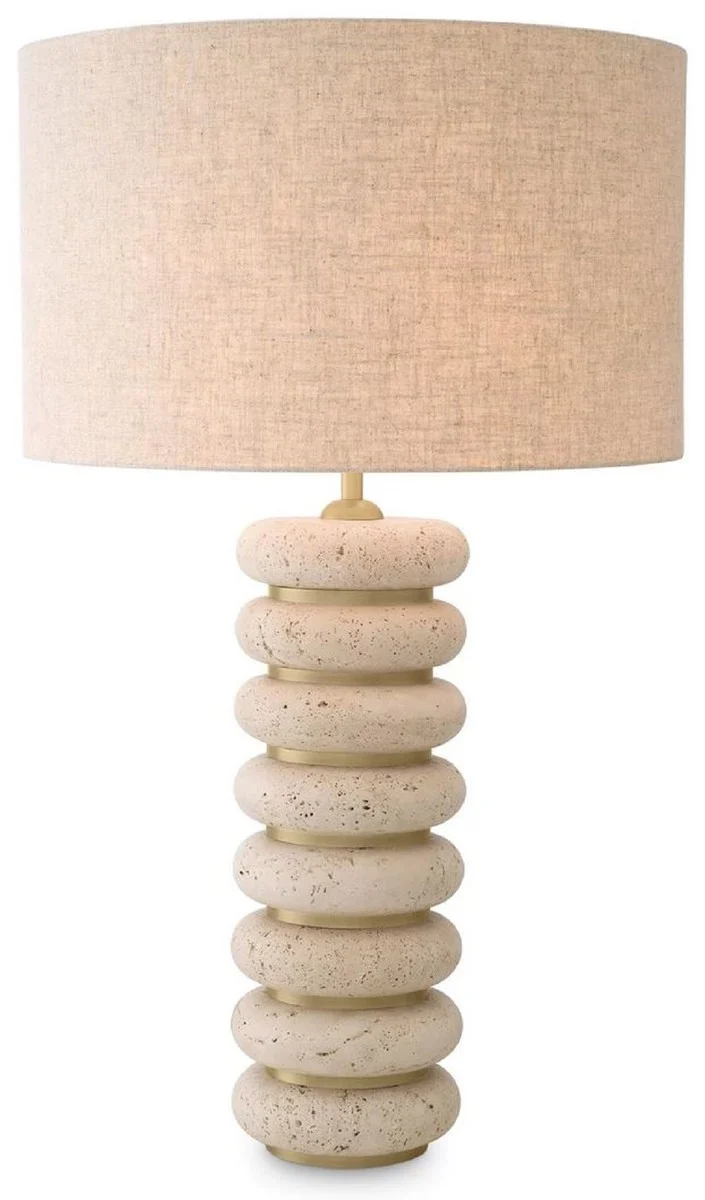 Casa Padrino Luxus Tischleuchte Beige / Antik Messing Ø 50 x H. 85 cm - Travertin Schreibtischleuchte mit rundem Lampenschirm - Luxus Tischleuchten - Luxus Kollektion