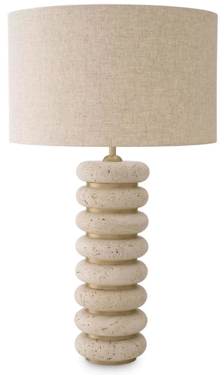Casa Padrino Luxus Tischleuchte Beige / Antik Messing Ø 50 x H. 85 cm - Travertin Schreibtischleuchte mit rundem Lampenschirm - Luxus Tischleuchten - Luxus Kollektion