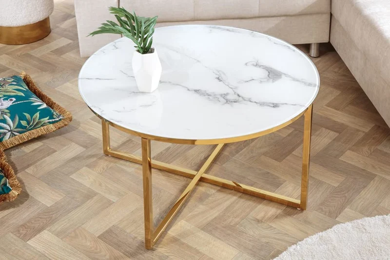 Design Couchtisch MARMO 80cm weiss gold Marmor-Dekor