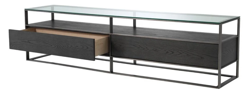 Casa Padrino Luxus Fernsehschrank Grau / Schwarz 220 x 46 x H. 56,5 cm - Sideboard mit Glasplatte und 2 Schubladen - Luxus Wohnzimmer Möbel