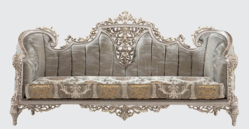 Casa Padrino Luxus Barock Sofa Grau / Silber / Gold 240 x 90 x H. 120 cm - Prunkvolles Wohnzimmer Sofa mit elegantem Muster - Möbel im Barockstil