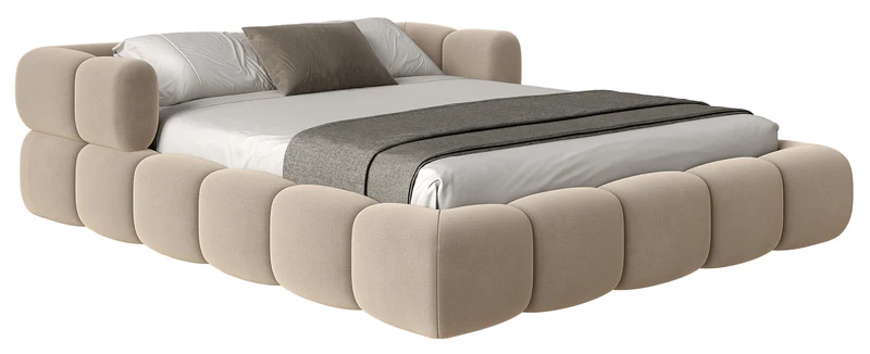 Upholstered bed 200x200 cm Stormi with storage, metal frame, beige chenille, hydrophobic, easy-clean