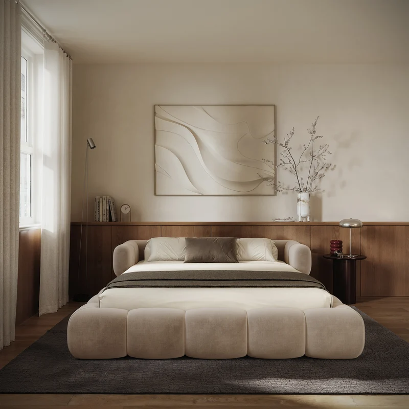 Upholstered bed 200x200 cm Stormi with storage, metal frame, beige chenille, hydrophobic, easy-clean