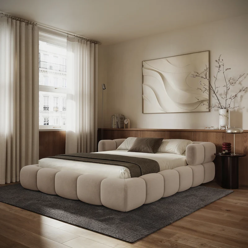 Upholstered bed 200x200 cm Stormi with storage, metal frame, beige chenille, hydrophobic, easy-clean