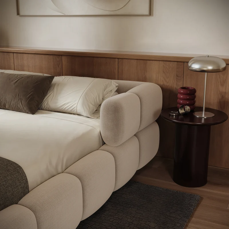 Upholstered bed 200x200 cm Stormi with storage, metal frame, beige chenille, hydrophobic, easy-clean