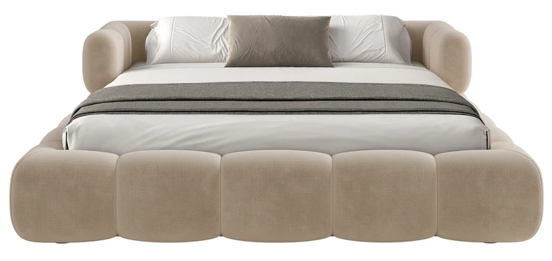 Upholstered bed 200x200 cm Stormi with storage, metal frame, beige chenille, hydrophobic, easy-clean