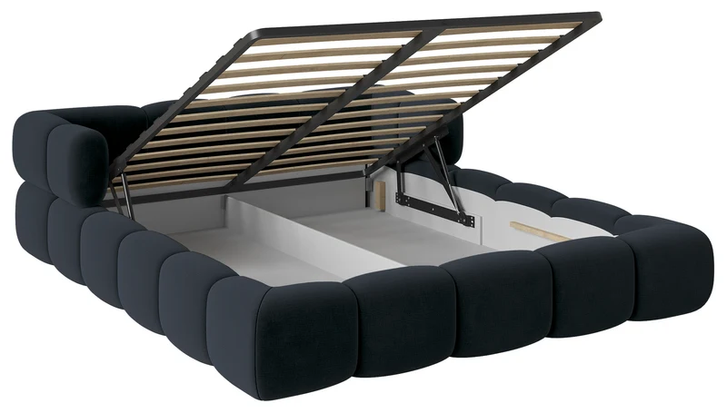 Upholstered bed 200x200 cm Stormi with storage, metal frame, navy blue hydrophobic chenille, easy to clean
