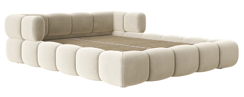 Upholstered bed 200x200 cm Stormi, roll-up slatted frame, cream chenille, hydrophobic, easy-clean