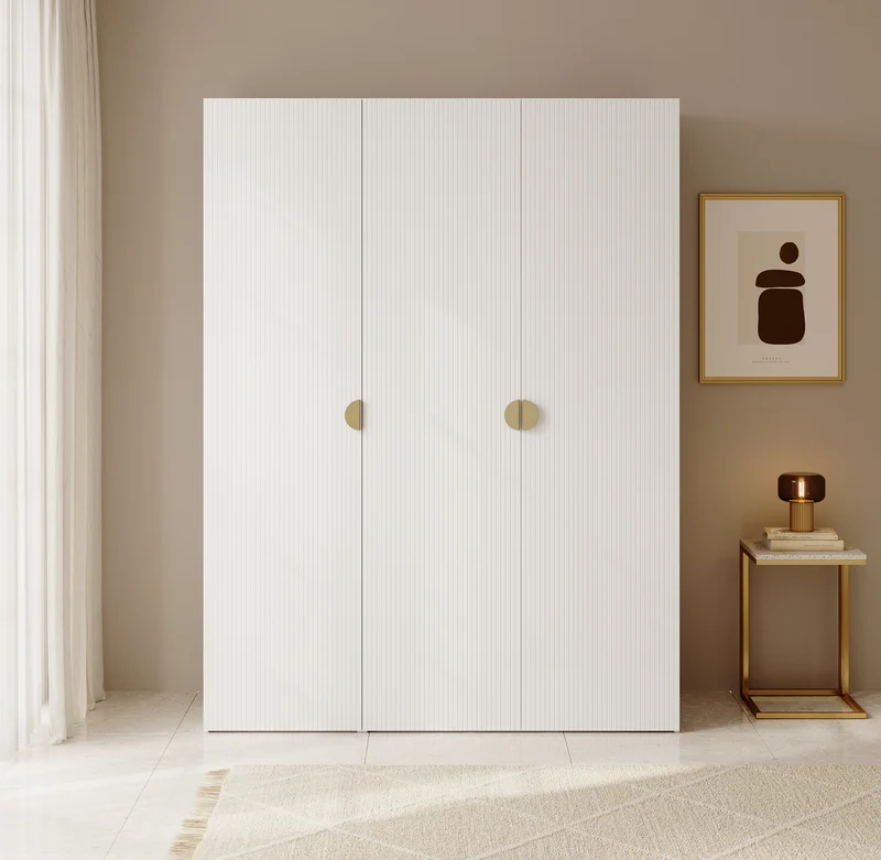 Drehtürenschrank Moonir mit langem Kleiderstange und sieben Regalen, 150 cm, Weiß