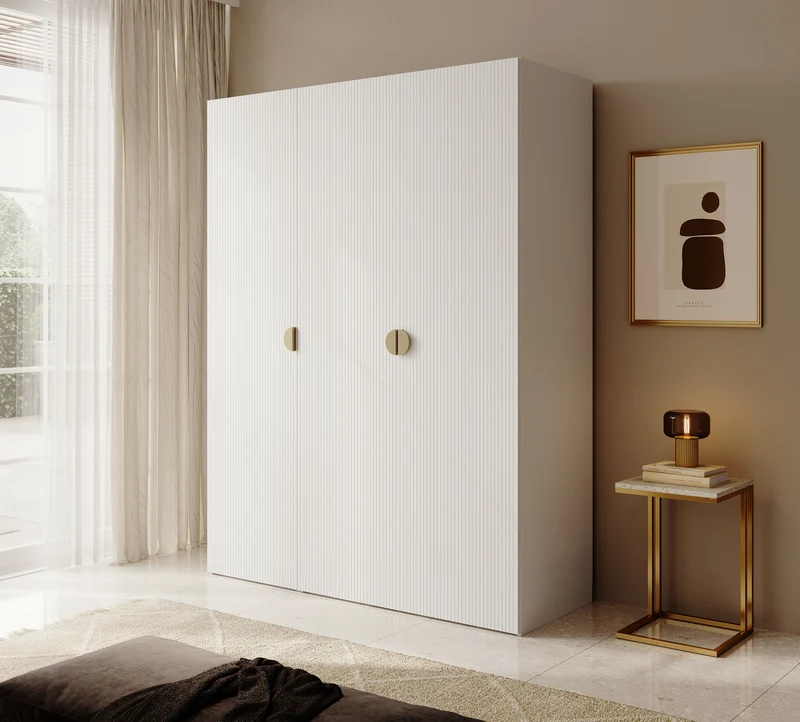 Drehtürenschrank Moonir mit langem Kleiderstange und sieben Regalen, 150 cm, Weiß