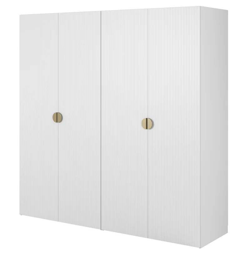 Vier­türiger Kleiderschrank Moonir mit Kleiderstange, Regalen und Container, 200 cm, Weiß