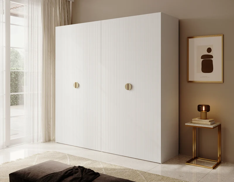 Vier­türiger Kleiderschrank Moonir mit Kleiderstange, Regalen und Container, 200 cm, Weiß