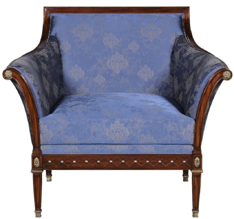 Casa Padrino Luxus Jugendstil Sessel Blau / Braun / Antik Messingfarben 112 x 89 x H. 100 cm - Edler Mahagoni Wohnzimmer Sessel mit elegantem Damastmuster - Barock & Jugendstil Wohnzimmer Möbel