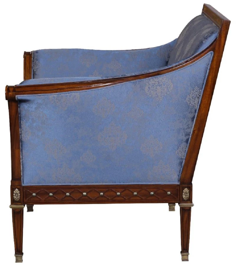 Casa Padrino Luxus Jugendstil Sessel Blau / Braun / Antik Messingfarben 112 x 89 x H. 100 cm - Edler Mahagoni Wohnzimmer Sessel mit elegantem Damastmuster - Barock & Jugendstil Wohnzimmer Möbel